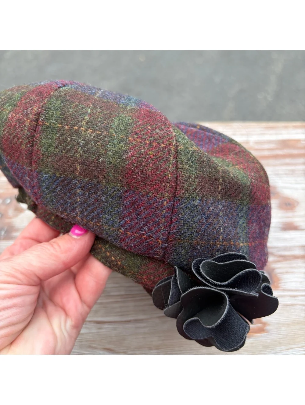 Mucros Weavers Newsboy Cap in Multi Plaid Wool with Black Flower Accent